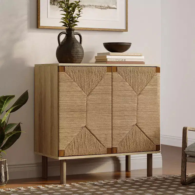 Meuble à deux portes Mid-Century Modern Rope avec pieds en bois Naturel