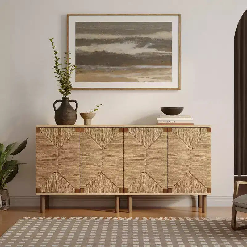 Meuble à deux portes Mid-Century Modern Rope avec pieds en bois Naturel