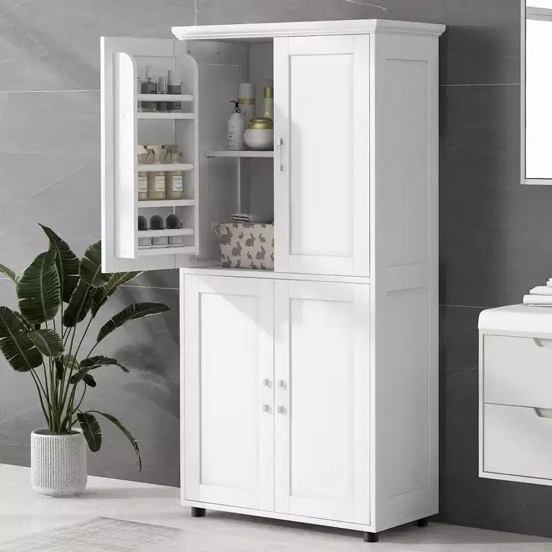 Tall & Wide Bathroom Floor Storage Cabinet, 4-Door Freestanding Cabinet with Adjustable Shelves, White - ModernLuxe
