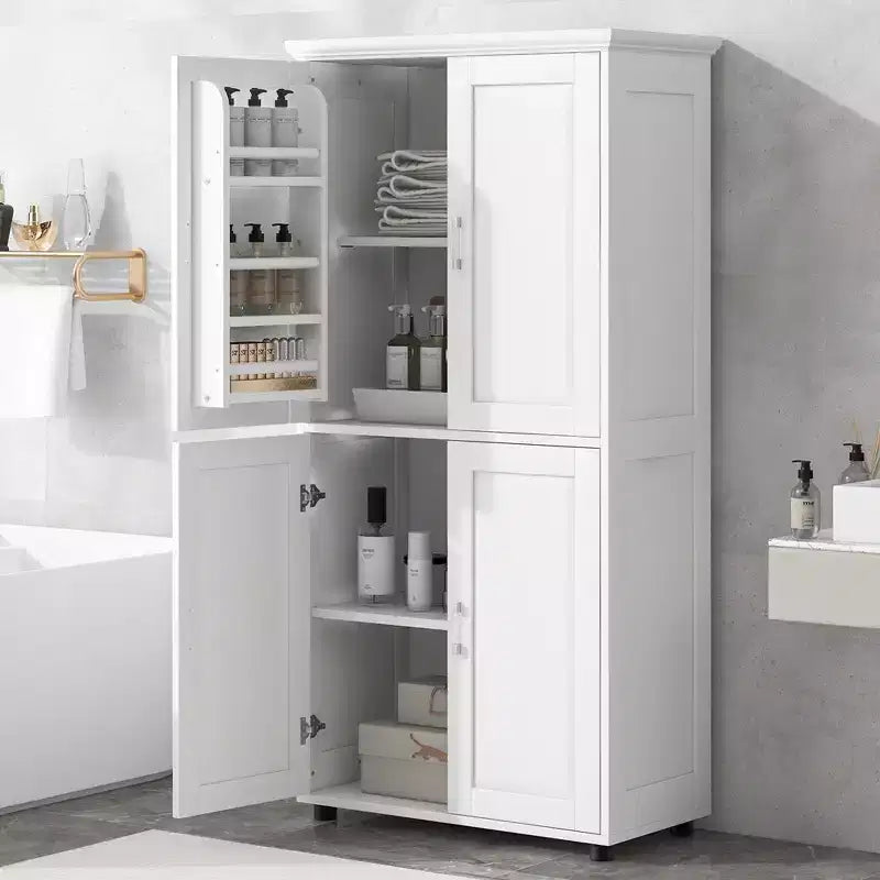 Meuble de rangement haut et large pour salle de bain, meuble autoportant à 4 portes avec étagères réglables, blanc - ModernLuxe