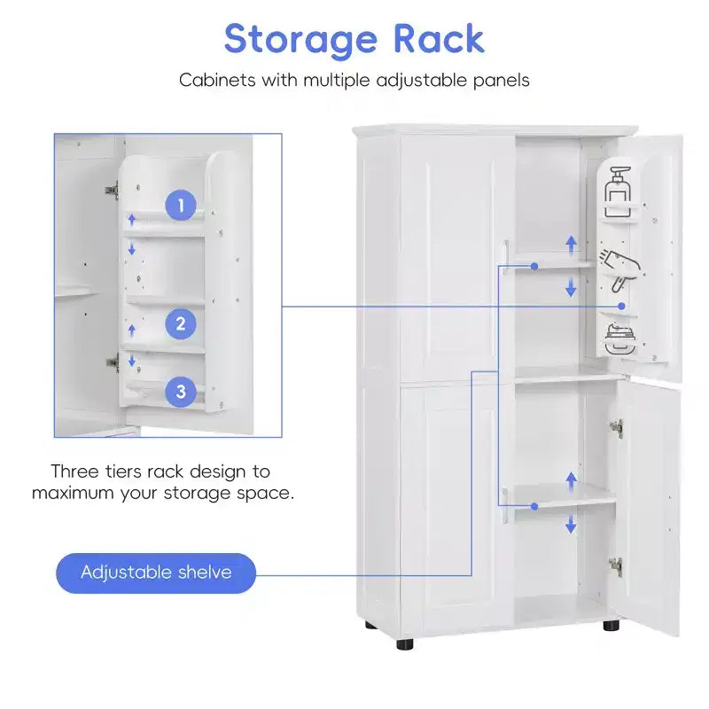 Meuble de rangement haut et large pour salle de bain, meuble autoportant à 4 portes avec étagères réglables, blanc - ModernLuxe