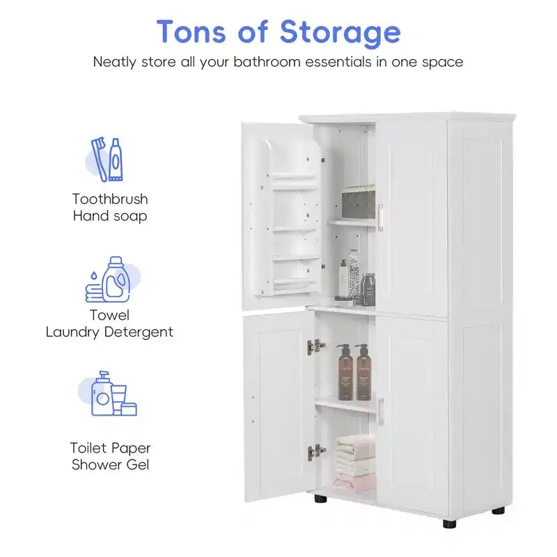 Meuble de rangement haut et large pour salle de bain, meuble autoportant à 4 portes avec étagères réglables, blanc - ModernLuxe