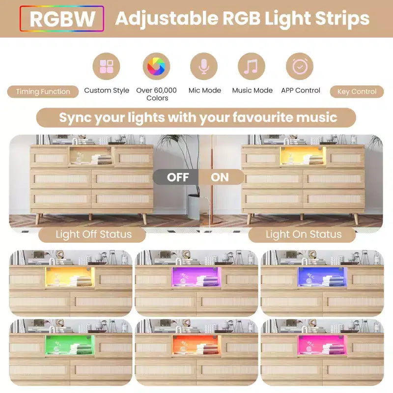 Commode 6 tiroirs en rotin naturel – 120 x 40 x 80 cm avec lumière LED et station de recharge, meuble de rangement rustique pour chambre/salon/crèche