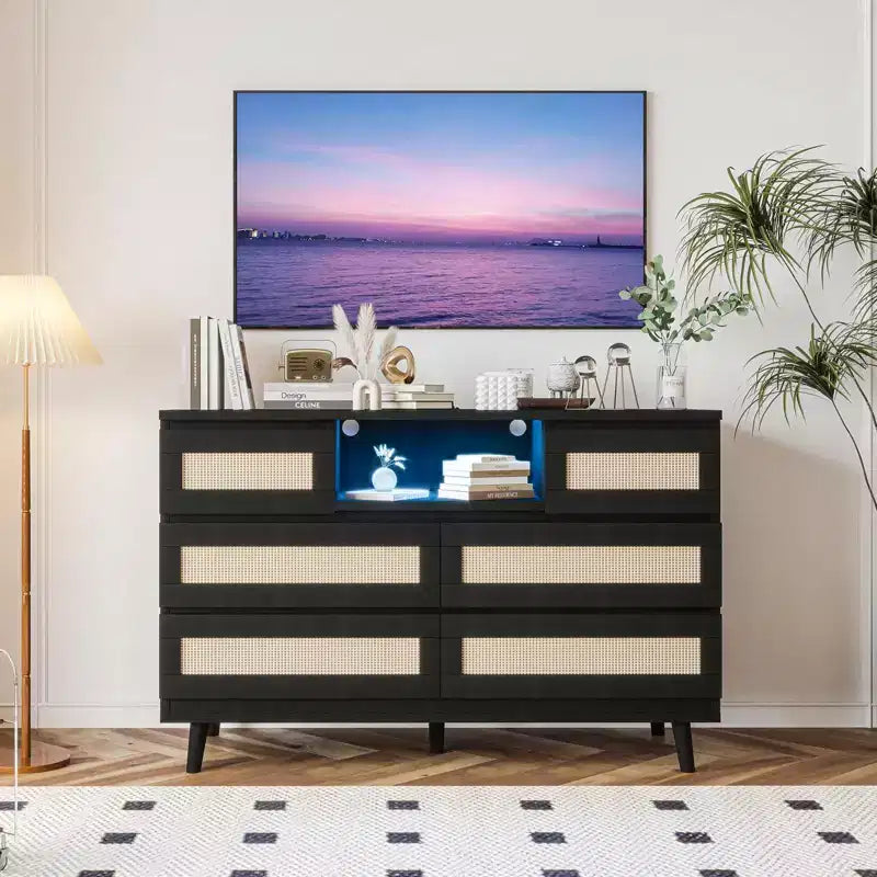 Commode 6 tiroirs en rotin naturel – 120 x 40 x 80 cm avec lumière LED et station de recharge, meuble de rangement rustique pour chambre/salon/crèche