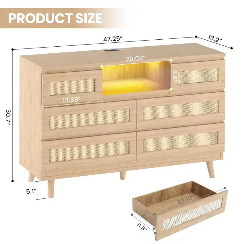 Commode 6 tiroirs en rotin naturel – 120 x 40 x 80 cm avec lumière LED et station de recharge, meuble de rangement rustique pour chambre/salon/crèche