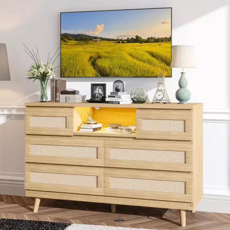 Commode 6 tiroirs en rotin naturel – 120 x 40 x 80 cm avec lumière LED et station de recharge, meuble de rangement rustique pour chambre/salon/crèche