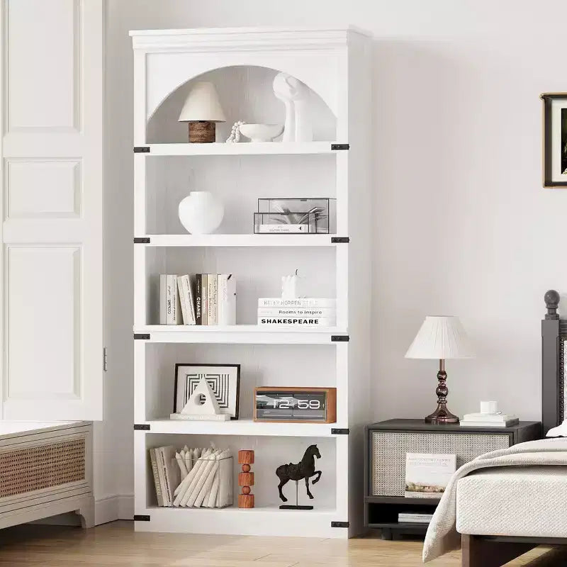 Bibliothèque arquée à 5 étagères, 174,5 cm de haut, style ferme, étagère de rangement incurvée en bois pour bureau à domicile, salon, couleur bois