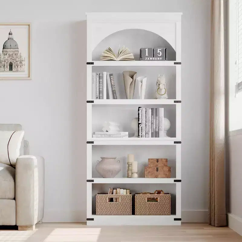 Bibliothèque arquée à 5 étagères, 174,5 cm de haut, style ferme, étagère de rangement incurvée en bois pour bureau à domicile, salon, couleur bois