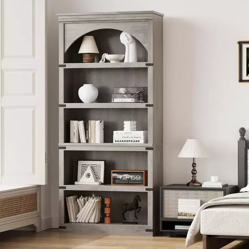 Bibliothèque arquée à 5 étagères, 174,5 cm de haut, style ferme, étagère de rangement incurvée en bois pour bureau à domicile, salon, couleur bois
