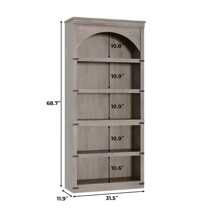 Bibliothèque arquée à 5 étagères, 174,5 cm de haut, style ferme, étagère de rangement incurvée en bois pour bureau à domicile, salon, couleur bois