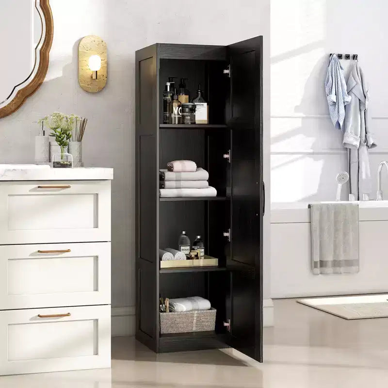 Armoire de rangement à 4 niveaux avec porte, meuble de salle de bain autoportant pour petits espaces, noir/naturel/blanc