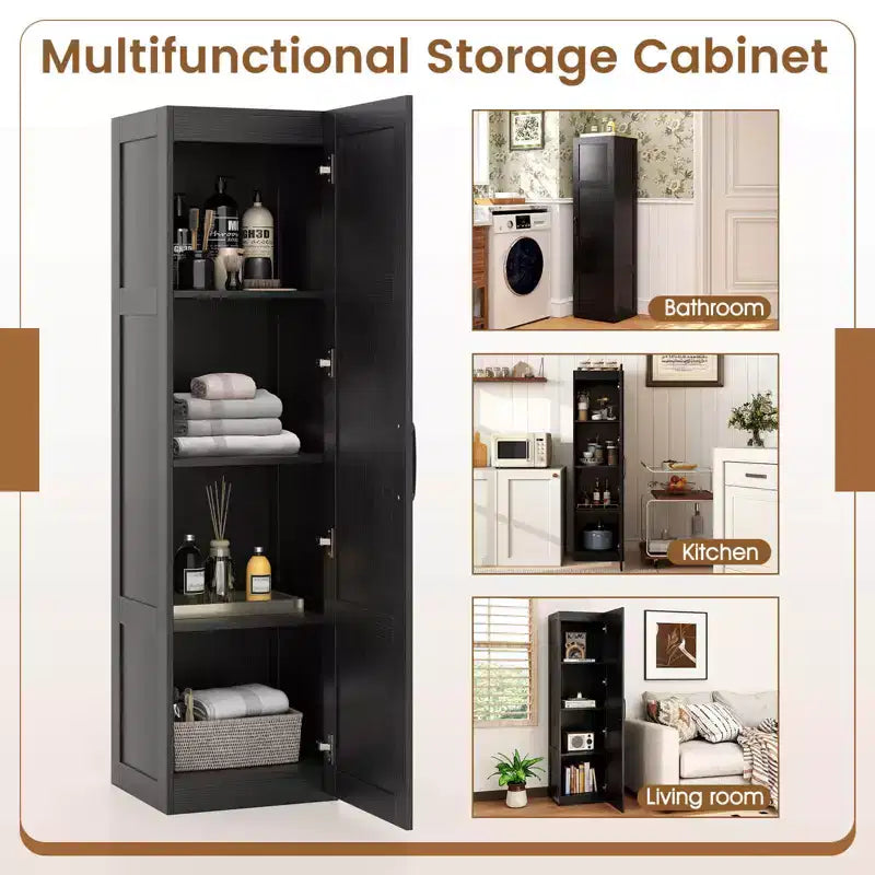 Armoire de rangement à 4 niveaux avec porte, meuble de salle de bain autoportant pour petits espaces, noir/naturel/blanc