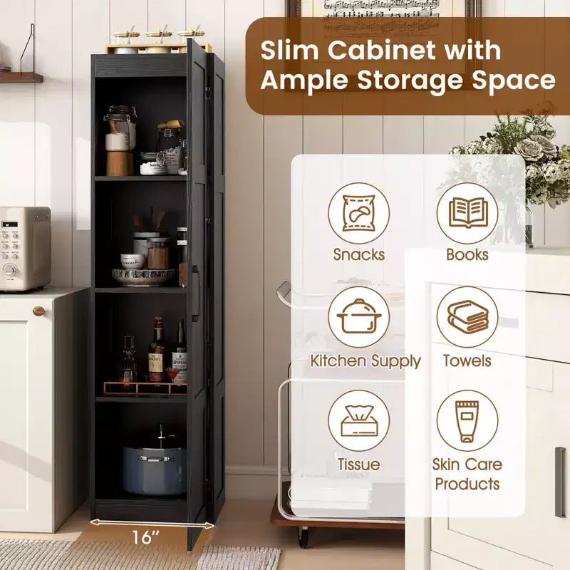 Armoire de rangement à 4 niveaux avec porte, meuble de salle de bain autoportant pour petits espaces, noir/naturel/blanc
