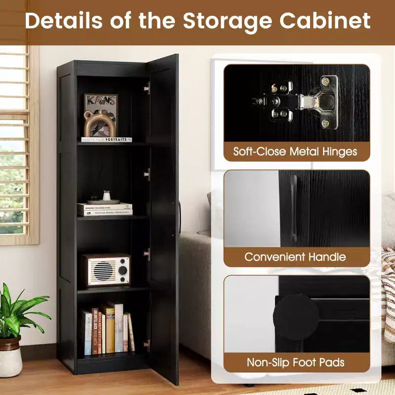 Armoire de rangement à 4 niveaux avec porte, meuble de salle de bain autoportant pour petits espaces, noir/naturel/blanc