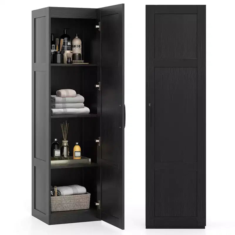 Costway 4-Tier Storage Cabinet with Door Freestanding Bathroom Cabinet for Small Space Black/Natural/White
