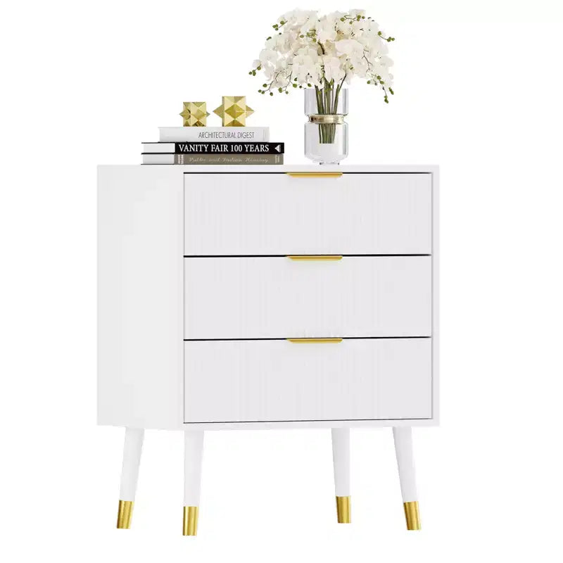 Commode moderne cannelée avec 3 tiroirs spacieux, commode en bois de 72,4 cm de hauteur, organisateur de rangement pour vêtements pour placard, salon ou couloir.