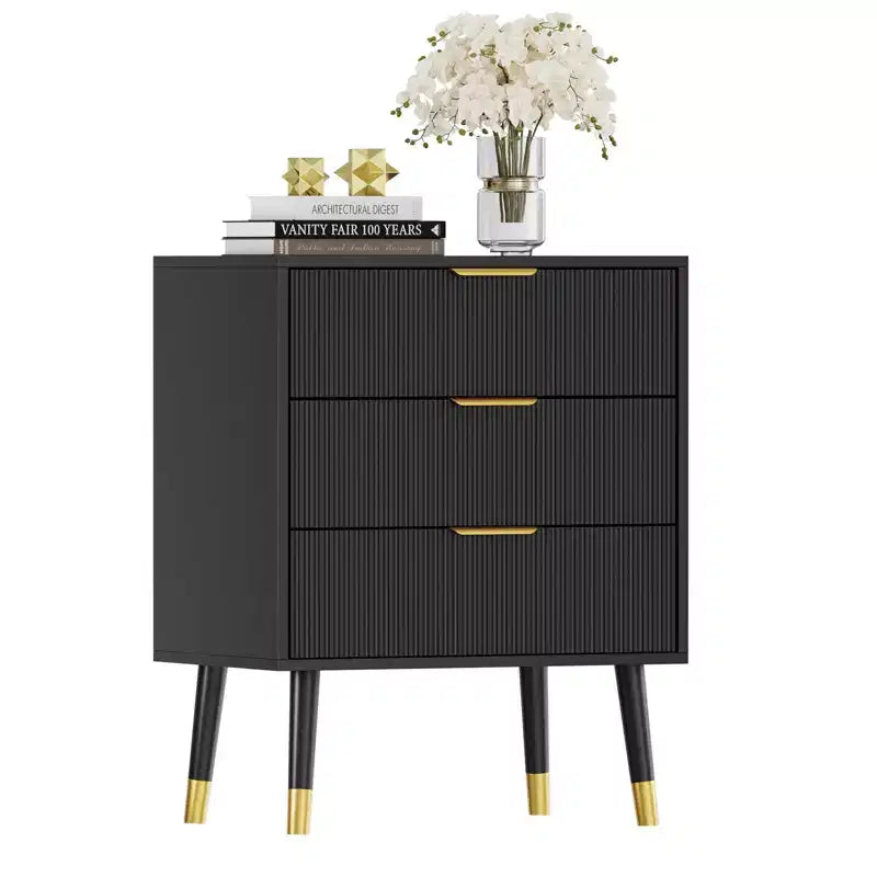 Commode moderne cannelée avec 3 tiroirs spacieux, commode en bois de 72,4 cm de hauteur, organisateur de rangement pour vêtements pour placard, salon ou couloir.