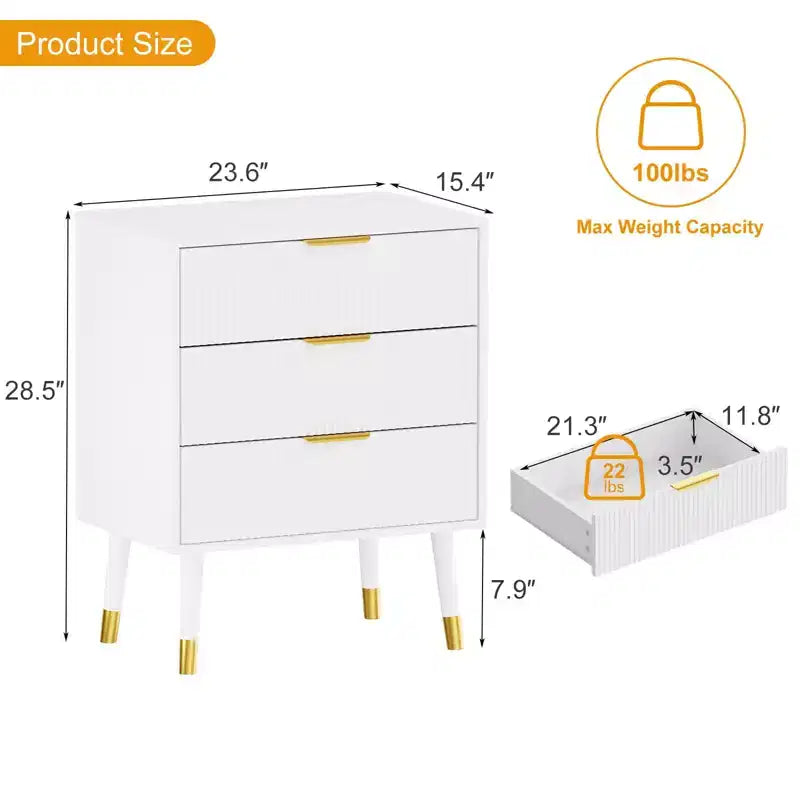 Commode moderne cannelée avec 3 tiroirs spacieux, commode en bois de 72,4 cm de hauteur, organisateur de rangement pour vêtements pour placard, salon ou couloir.