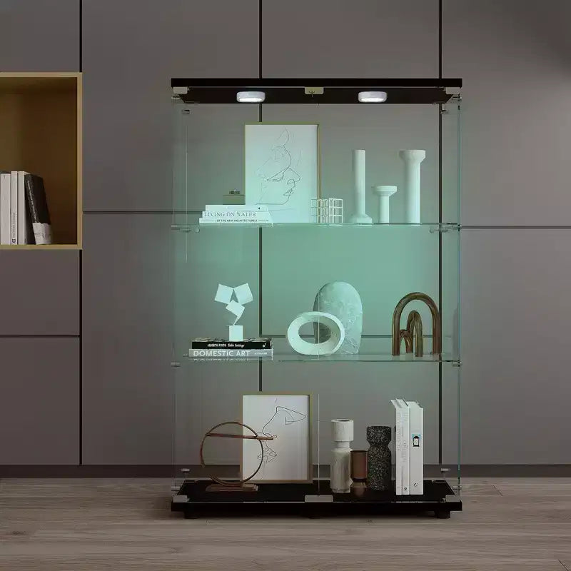 Vitrine en verre trempé Cave à vin Classeur Luminaire Paipai à piles Pieds réglables Salon Chambre Bureau Noir