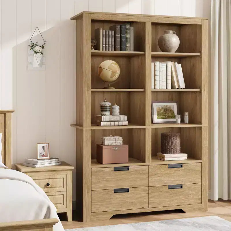 Étagère à livres haute de 183 cm avec rangement, bibliothèque de style ferme, étagère à livres avec 4 tiroirs, étagères de rangement autoportantes