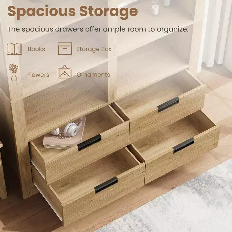 Étagère à livres haute de 183 cm avec rangement, bibliothèque de style ferme, étagère à livres avec 4 tiroirs, étagères de rangement autoportantes