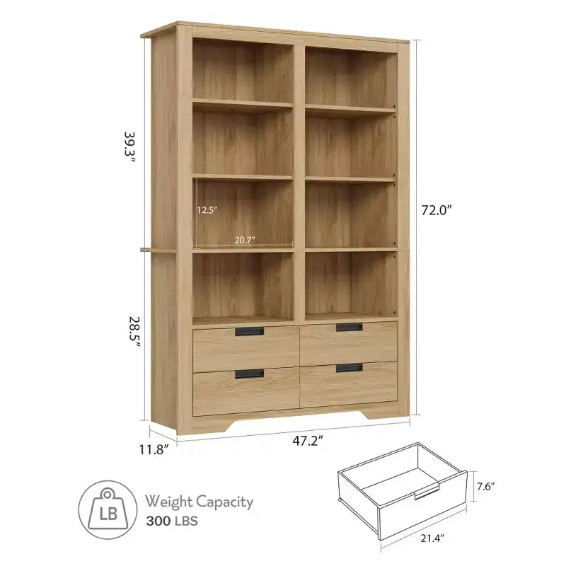 Étagère à livres haute de 183 cm avec rangement, bibliothèque de style ferme, étagère à livres avec 4 tiroirs, étagères de rangement autoportantes