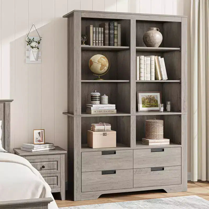Étagère à livres haute de 183 cm avec rangement, bibliothèque de style ferme, étagère à livres avec 4 tiroirs, étagères de rangement autoportantes