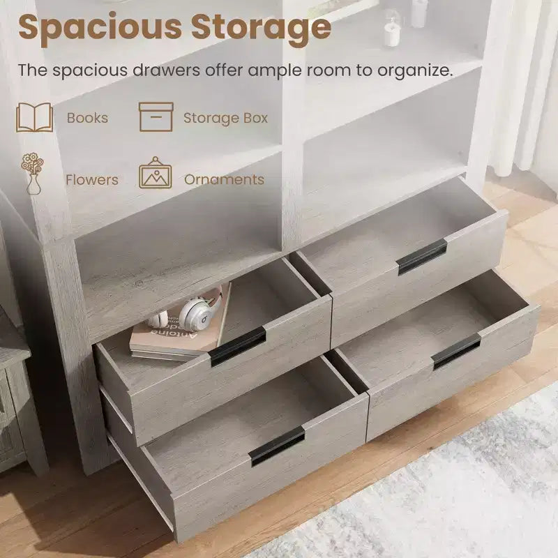 Étagère à livres haute de 183 cm avec rangement, bibliothèque de style ferme, étagère à livres avec 4 tiroirs, étagères de rangement autoportantes