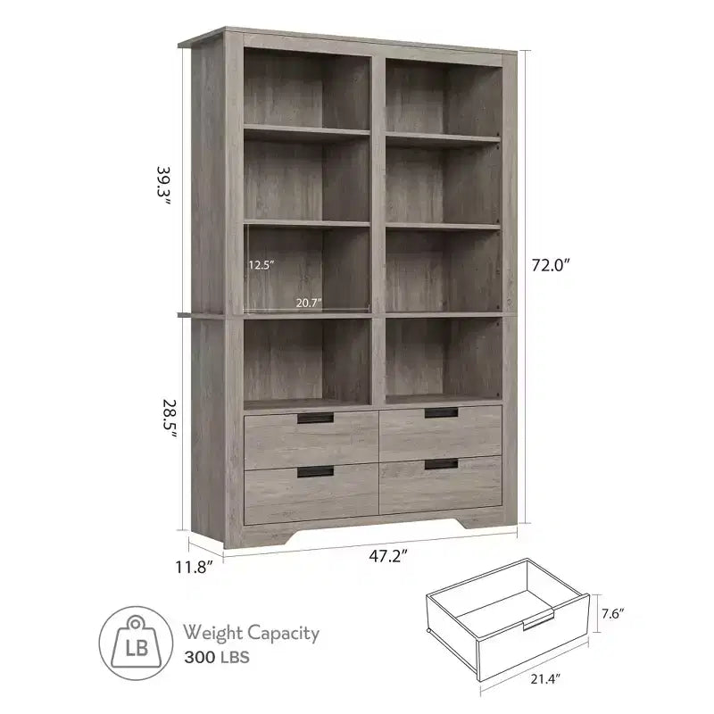 Étagère à livres haute de 183 cm avec rangement, bibliothèque de style ferme, étagère à livres avec 4 tiroirs, étagères de rangement autoportantes
