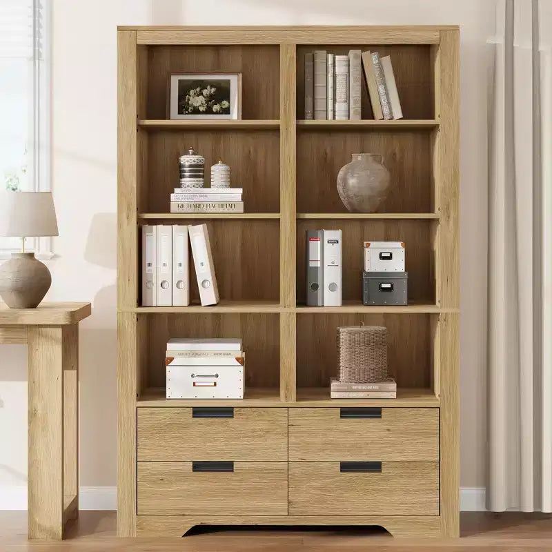 Étagère à livres haute de 183 cm avec rangement, bibliothèque de style ferme, étagère à livres avec 4 tiroirs, étagères de rangement autoportantes