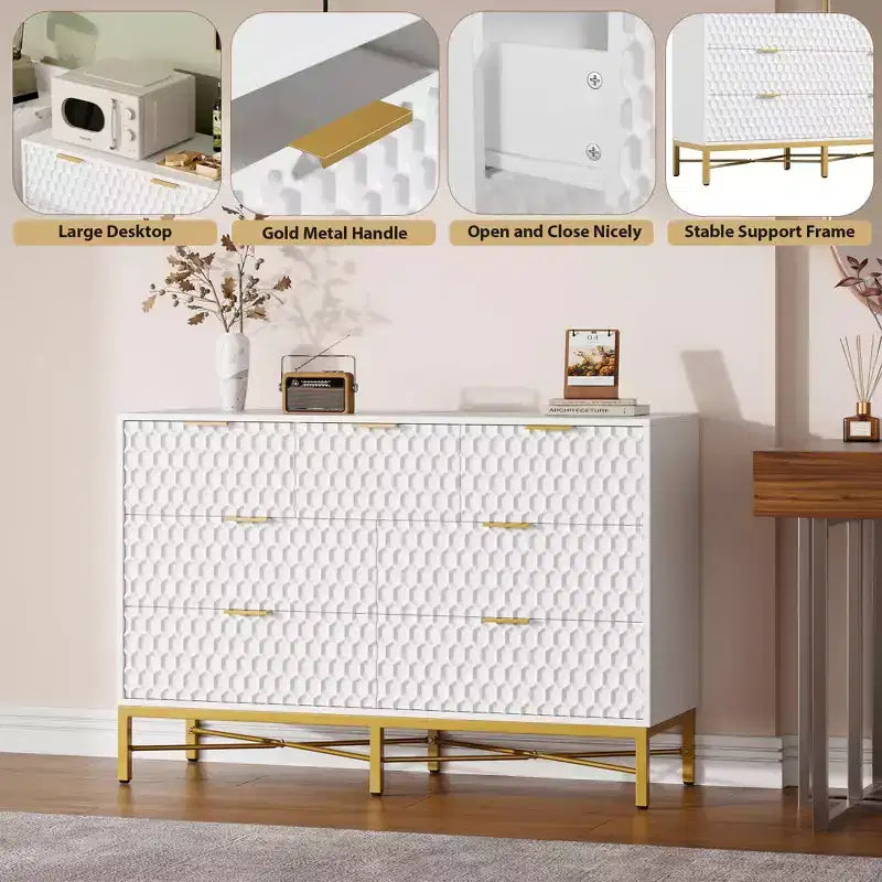 Commode moderne à 7 tiroirs avec plateau large et tiroirs profonds. Un grand coffre de rangement en bois pour chambre à coucher, couloir ou salon.