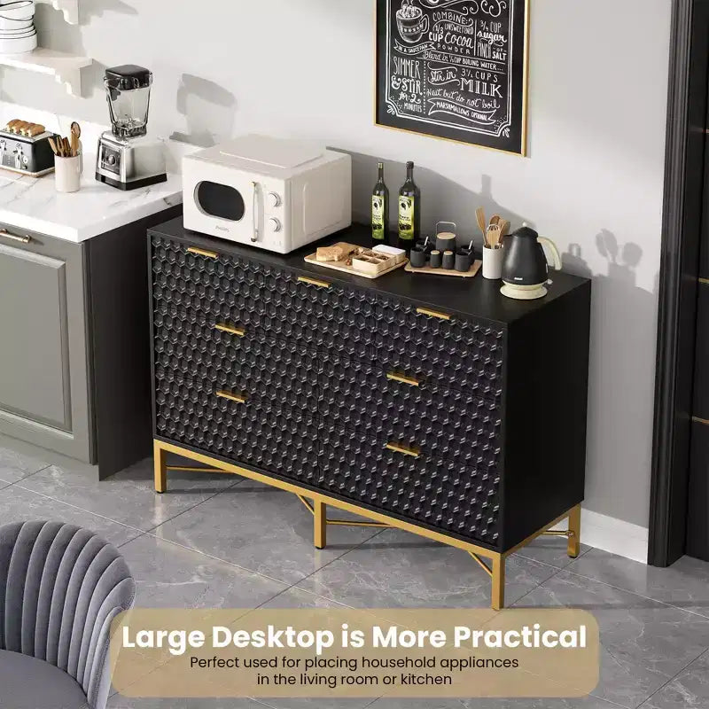 Commode moderne à 7 tiroirs avec plateau large et tiroirs profonds. Un grand coffre de rangement en bois pour chambre à coucher, couloir ou salon.