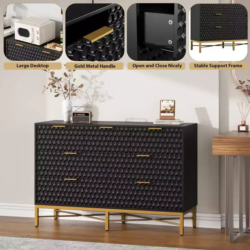 Commode moderne à 7 tiroirs avec plateau large et tiroirs profonds. Un grand coffre de rangement en bois pour chambre à coucher, couloir ou salon.