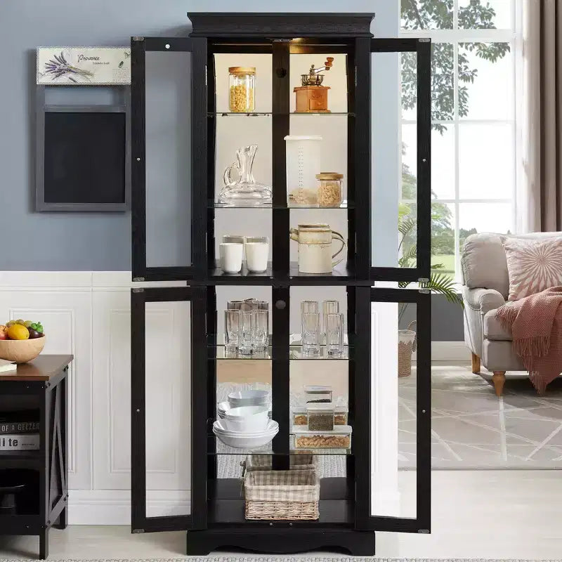 Lighted Corner Curio Cabinet - Elegant Glass Display Case for Living Room & Bar Storage - Perfect for Antique Collections & Wine - BLACK