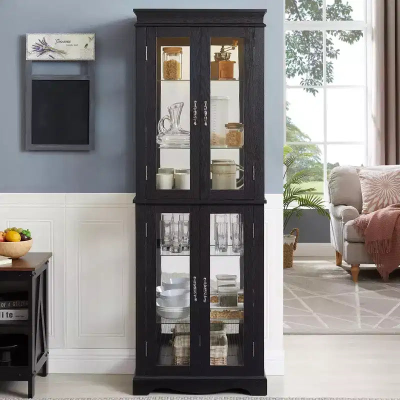 Vitrine d'angle lumineuse - Élégante vitrine en verre pour le salon et le rangement de bar - Parfaite pour les collections d'antiquités et le vin - NOIR