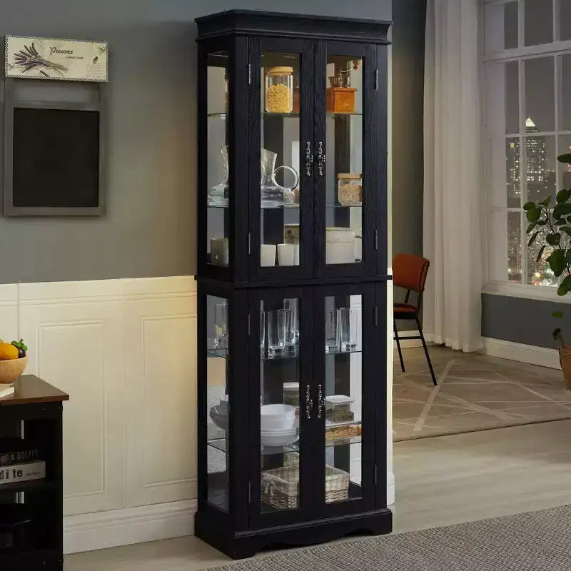 Vitrine d'angle lumineuse - Élégante vitrine en verre pour le salon et le rangement de bar - Parfaite pour les collections d'antiquités et le vin - NOIR