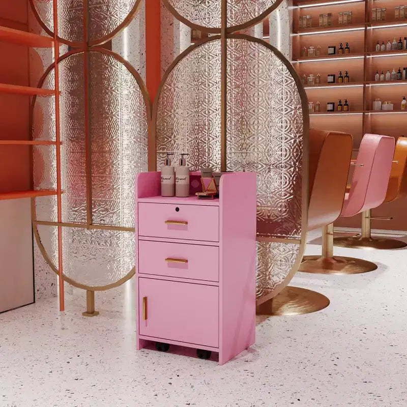 Meuble de rangement de salon de beauté moderne Estelle avec 3 supports pour sèche-cheveux, 2 tiroirs, 1 porte et roulettes