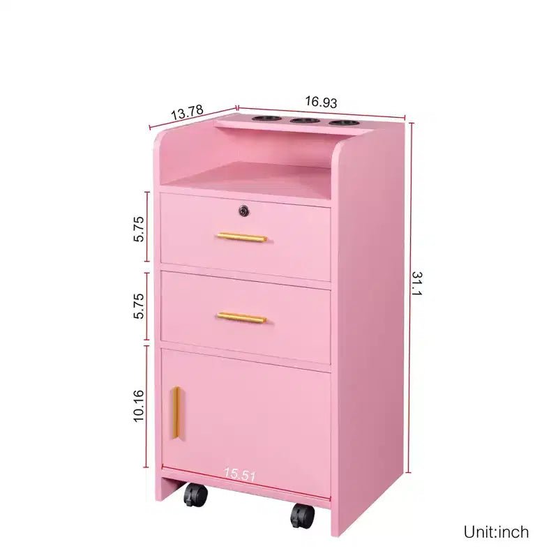 Meuble de rangement de salon de beauté moderne Estelle avec 3 supports pour sèche-cheveux, 2 tiroirs, 1 porte et roulettes