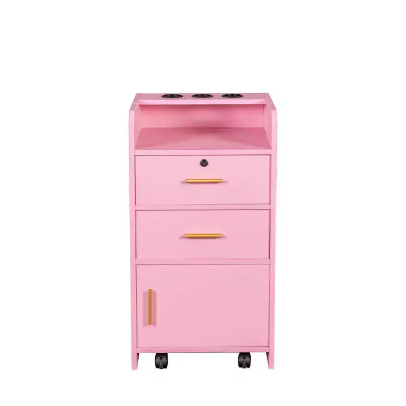 Meuble de rangement de salon de beauté moderne Estelle avec 3 supports pour sèche-cheveux, 2 tiroirs, 1 porte et roulettes