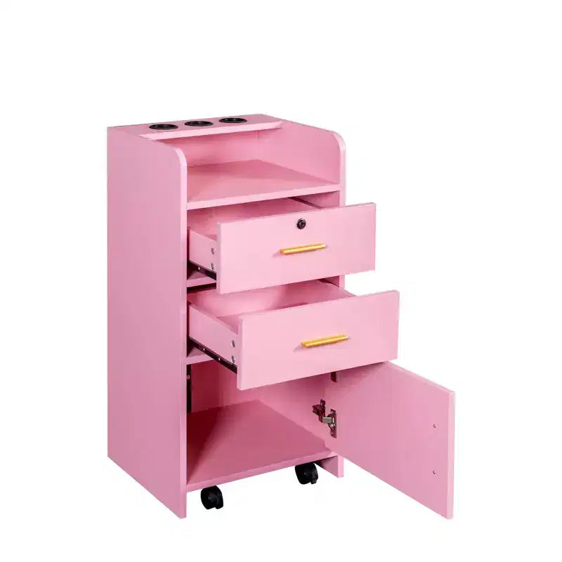 Meuble de rangement de salon de beauté moderne Estelle avec 3 supports pour sèche-cheveux, 2 tiroirs, 1 porte et roulettes