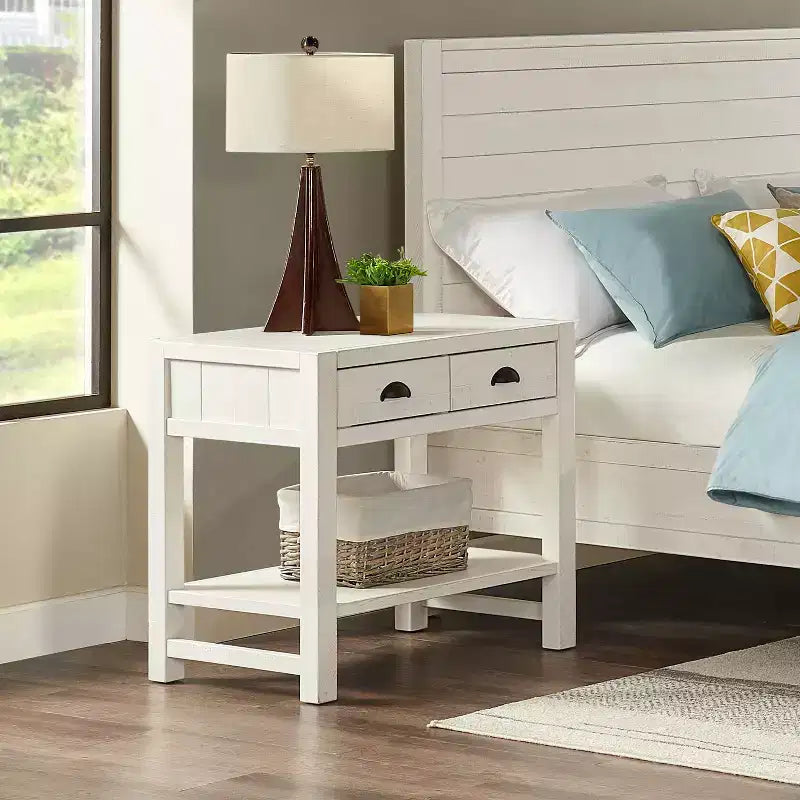 Table de chevet à 2 tiroirs Arden avec étagère ouverte, en pin massif, finition blanc bois flotté, glissières de tiroir en métal, idéale pour le rangement dans la chambre à coucher