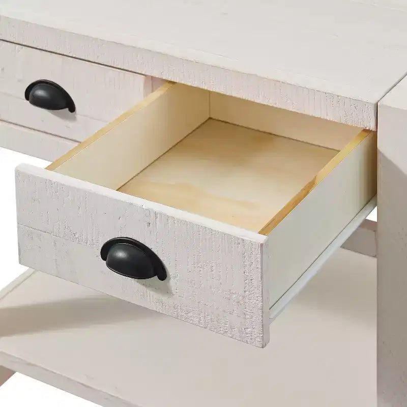 Table de chevet à 2 tiroirs Arden avec étagère ouverte, en pin massif, finition blanc bois flotté, glissières de tiroir en métal, idéale pour le rangement dans la chambre à coucher