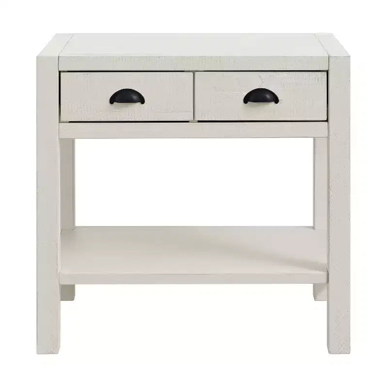 Table de chevet à 2 tiroirs Arden avec étagère ouverte, en pin massif, finition blanc bois flotté, glissières de tiroir en métal, idéale pour le rangement dans la chambre à coucher