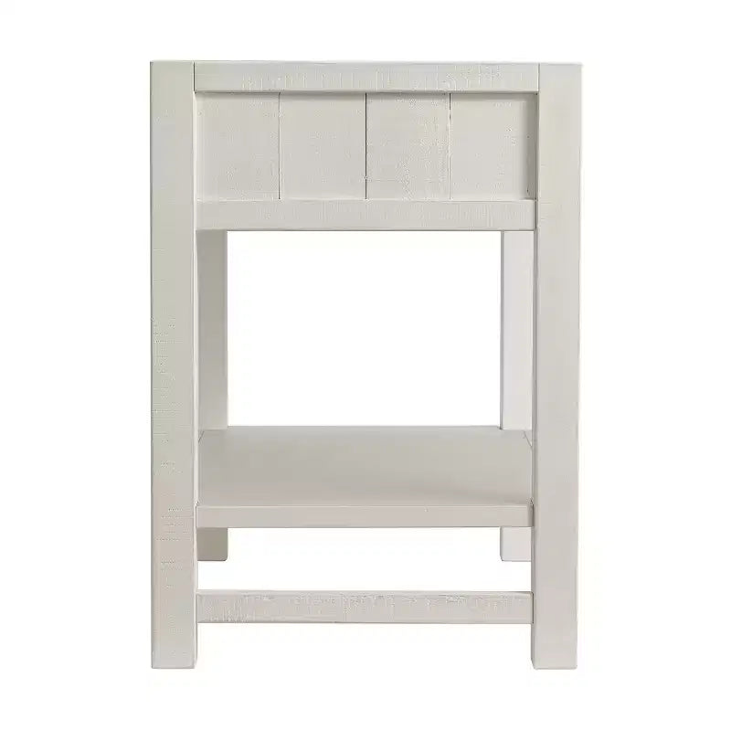 Table de chevet à 2 tiroirs Arden avec étagère ouverte, en pin massif, finition blanc bois flotté, glissières de tiroir en métal, idéale pour le rangement dans la chambre à coucher