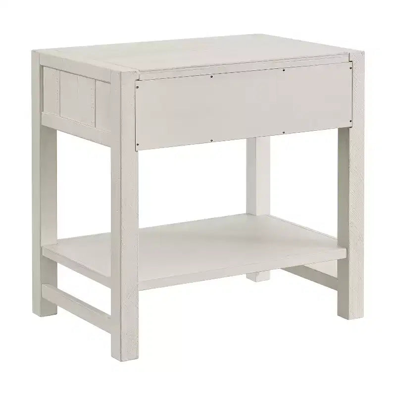 Table de chevet à 2 tiroirs Arden avec étagère ouverte, en pin massif, finition blanc bois flotté, glissières de tiroir en métal, idéale pour le rangement dans la chambre à coucher