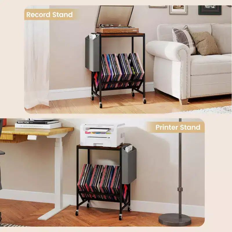 Meuble pour tourne-disque avec rangement pour disques vinyles et pochette de rangement latérale, roulettes pivotantes marron/naturel