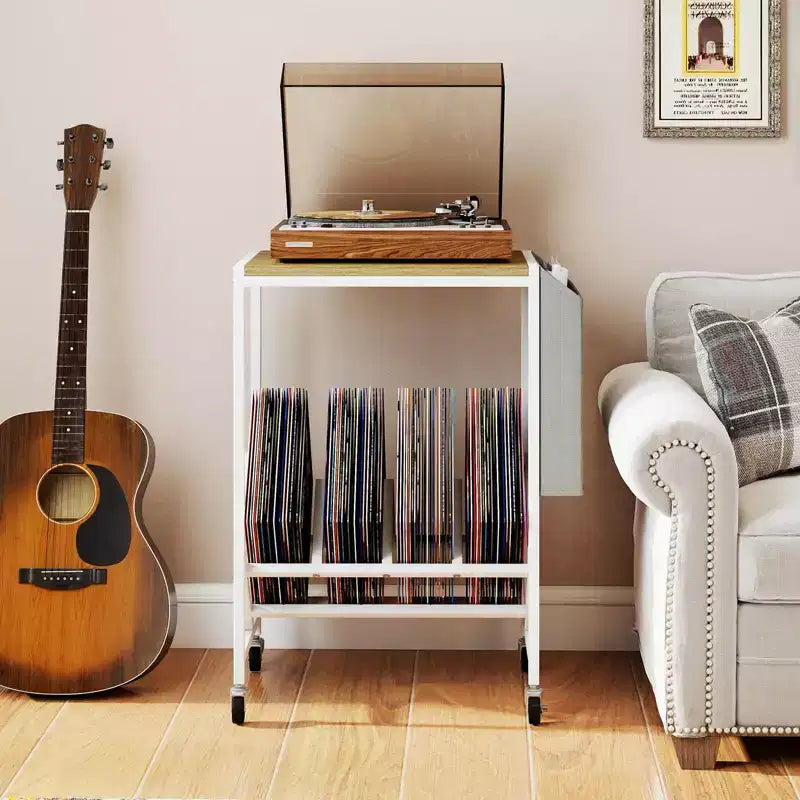 Meuble pour tourne-disque avec rangement pour disques vinyles et pochette de rangement latérale, roulettes pivotantes marron/naturel