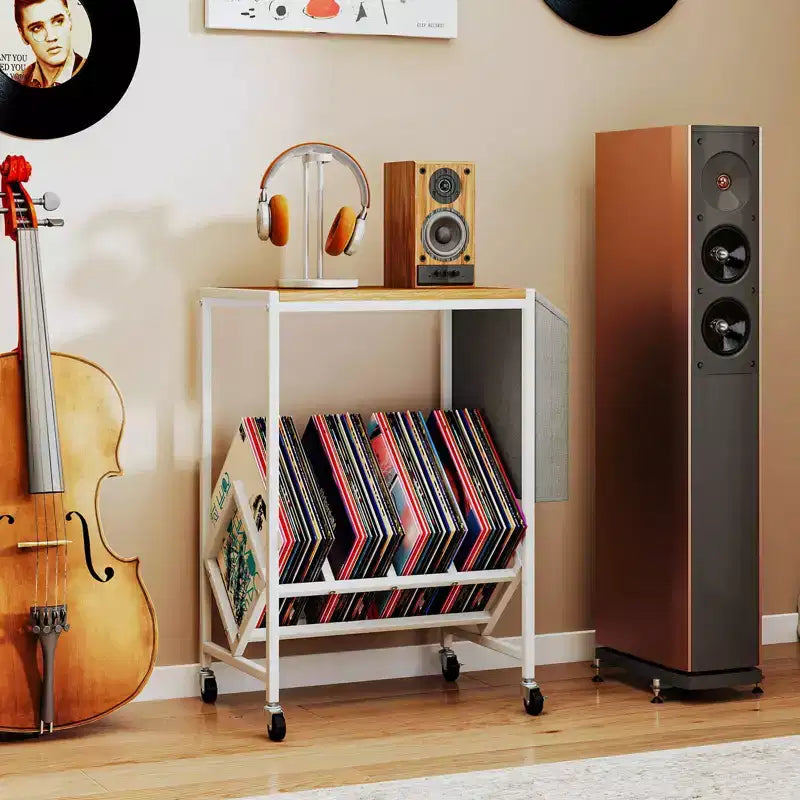 Meuble pour tourne-disque avec rangement pour disques vinyles et pochette de rangement latérale, roulettes pivotantes marron/naturel