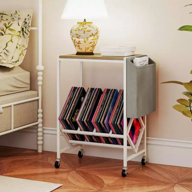 Meuble pour tourne-disque avec rangement pour disques vinyles et pochette de rangement latérale, roulettes pivotantes marron/naturel