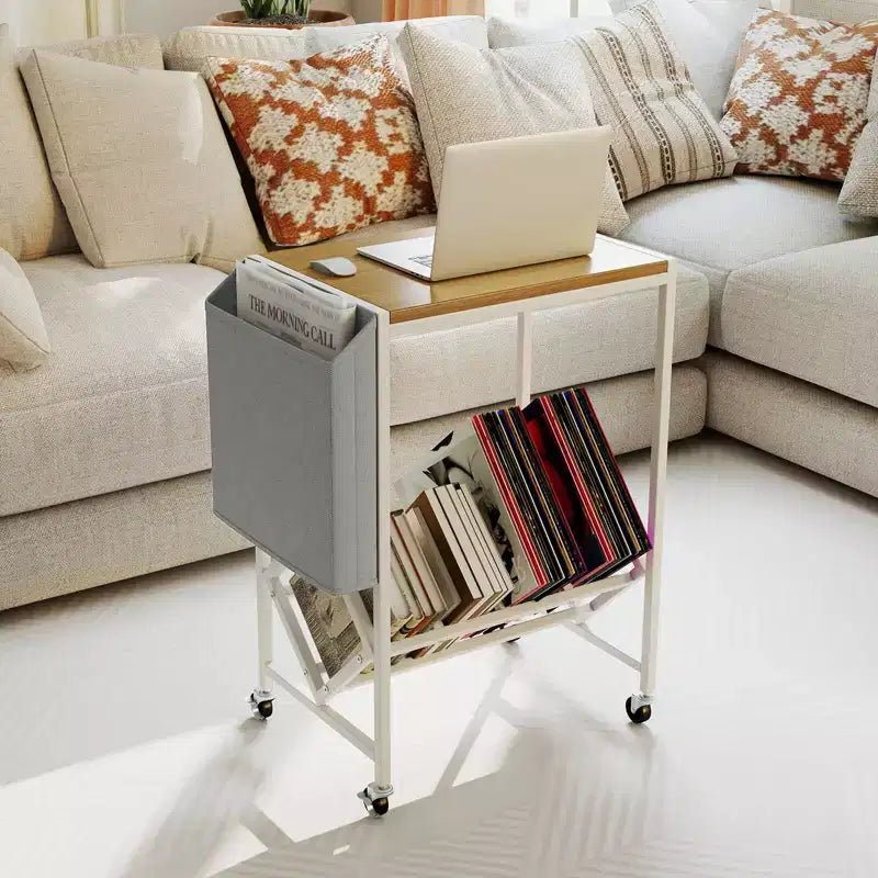 Meuble pour tourne-disque avec rangement pour disques vinyles et pochette de rangement latérale, roulettes pivotantes marron/naturel